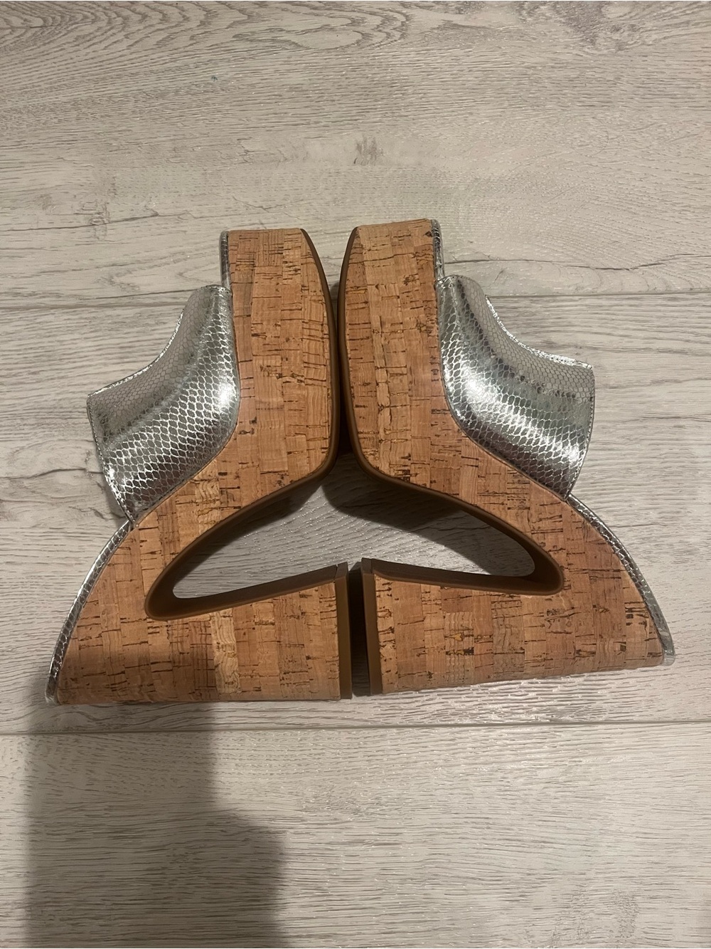 Jessica Simpson XONA Metallic Silver Snake-Texture Cork Wedge Mules